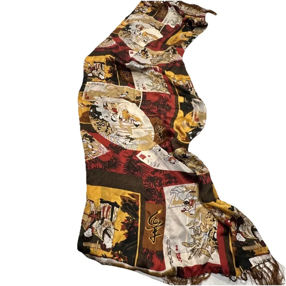 Jin Xiu Lang Japanese Folk Scenes Scarf 100% Silk Asian 65x20